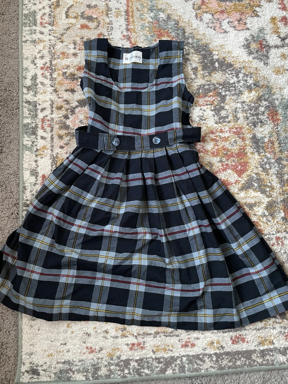 Girls Plaid Pinafore Dress in Navy and Gray
